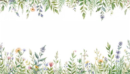 Watercolor floral border with green leaves and wildflowers, suitable for editorial header background