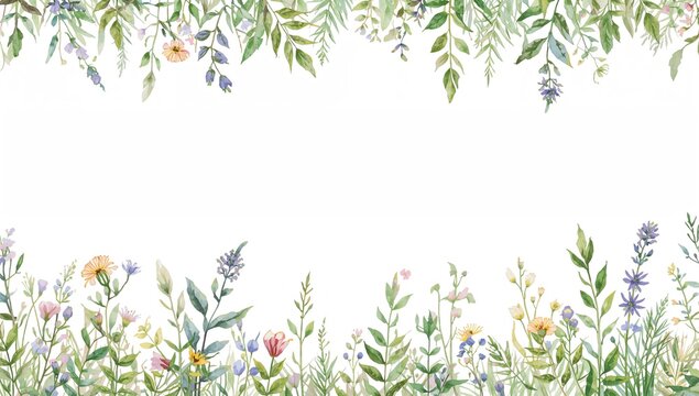 Watercolor floral border with green leaves and wildflowers, suitable for editorial header background - Powered by Adobe
