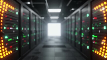 A server room hallway with rows of computer servers and glowing lights at the end, symbolizing data processing and network infrastructure. - Powered by Adobe