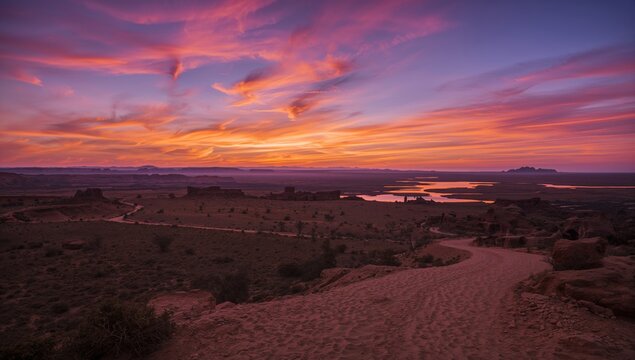 Sunset illuminating a desert trail in the highlands, showcasing seasonal change