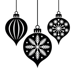 Three stylized Christmas ornaments hang against a white background.