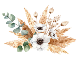 A watercolor arrangement of white anemones, eucalyptus, and pampas grass