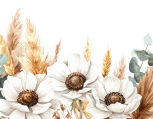 Watercolor floral arrangement with white anemones and dried pampas grass against a black background