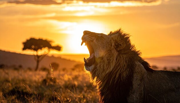 Majestic Male Lion Yawns During Golden Hour Sunrise in African Savanna with Acacia Tree Silhouette - Powered by Adobe