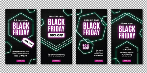 neon black friday instagram stories collection vector design illustration