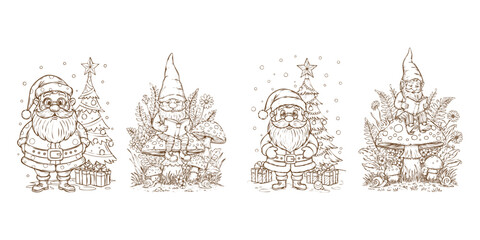 Collection of four whimsical christmas illustrations featuring santa claus, gnomes, and trees