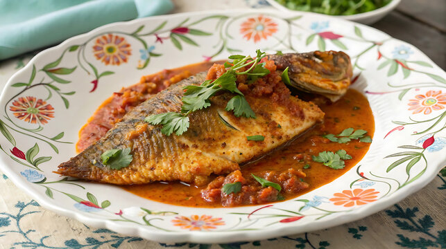 Delicious fried pomfret fish with tomato sauce on a floral plate