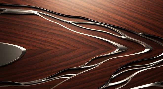 Rich reddishbrown wood surface with undulating silver metal inlays and a brushed silver accent piece
