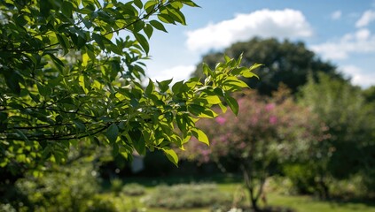 Trees in a garden setting, showcasing lush greenery and vibrant leaves, ideal for a natural backdrop, spring