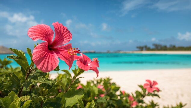Pink Hibiscus rosa sinensis blooming flowers at a tropical beach, showcasing natural beauty and seasonal vibrancy