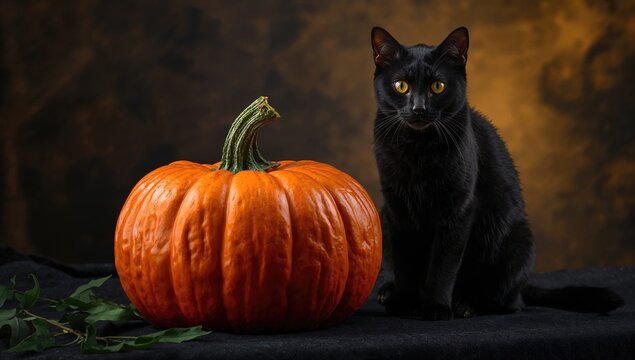 A patterned Halloween pumpkin in orange and black alongside a black cat, seasonal decoration for Halloween - Powered by Adobe