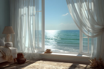 Fototapeta premium Serene Coastal View from a Cozy Living Room with Sunlit Ocean
