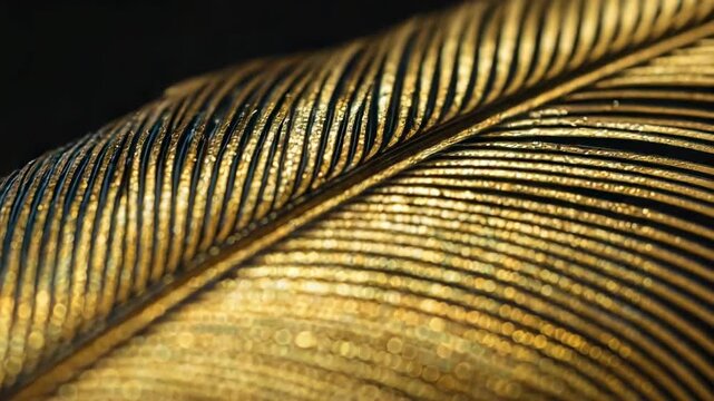 Close-up of a golden iridescent bird feather with fine parallel barbs and a shimmering sheen.