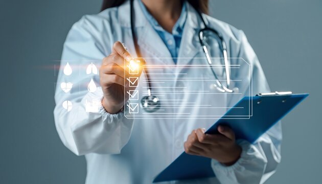 Doctor using digital checklist technology for smart healthcare monitoring, diagnosis, and patient record management in modern medical system.