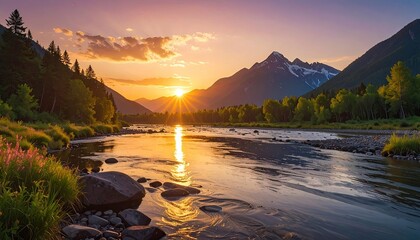 Majestic Mountain Range Reflects Golden Sunset Over Serene River Valley With Lush Green Trees And Wildflowers