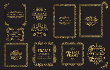 Design gold elements set, decorative flourish border corner and frame collection for invitation, menu and page decoration