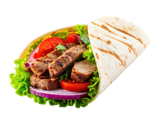 Close-up of a filled tortilla wrap showing grilled meat, fresh vegetables, and a soft outer shell
