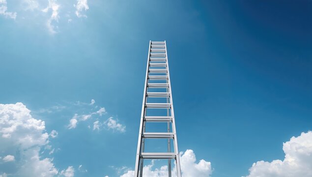 A gradient of aluminum ladders against a blue sky, showcasing industrial design elements