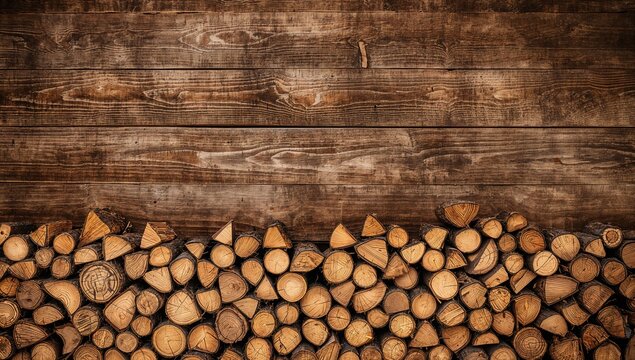 Neatly stacked logs of solid wood resting against the wall, preparation for winter warmth