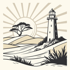 Vintage illustration of a solitary lighthouse standing tall on a coastal hill under a radiant sun and a lone tree