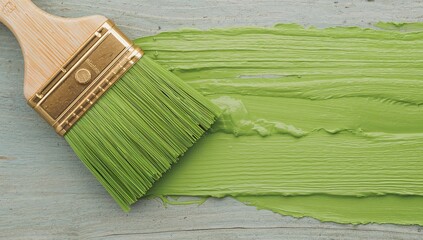 Close-up of a wide decorator's paint brush bristles saturated with green paint applying to a wooden surface, focus on craftsmanship