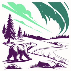 A solitary bear walks through a snowy landscape under the vibrant glow of the aurora borealis