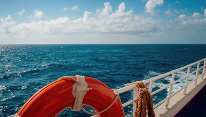 Red life preserver on a boat in the ocean, safety measure for water travel