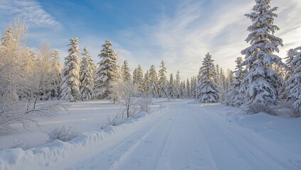 Obraz premium Spruce trees lining a snow-covered footpath, ideal for winter hiking adventures