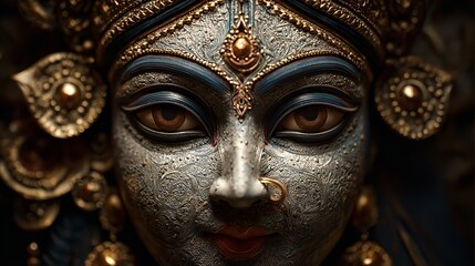 Closeup of a detailed ornate statue face with intricate patterns gold jewelry and captivating eyes showcasing cultural artistry