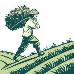 A farmer wearing a conical hat carries a large bundle of harvested crops over his shoulder while walking uphill through a field