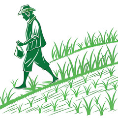 A farmer wearing a hat walks through a rice paddy field carrying a bag of seeds for planting