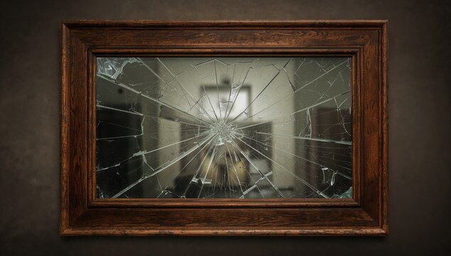 Aerial view of a shattered mirror in an antique wooden frame, associated with misfortune