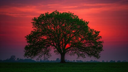 Fototapeta premium A majestic tree with vibrant green leaves against a red sunset, showcasing seasonal change