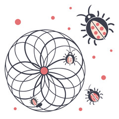 Whimsical ladybugs explore a geometric mandala pattern with scattered pink dots on a white background