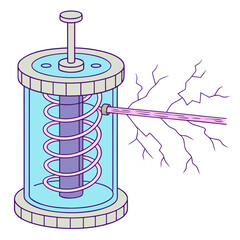 Abstract illustration of a scientific experiment with a glowing pink energy beam emitting from a cylindrical device