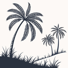 Silhouette of three palm trees with lush green grass against a light background