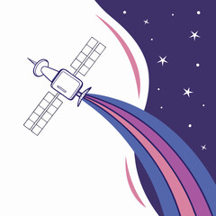 Stylized satellite with solar panels emitting a colorful trail of energy through a starry night sky