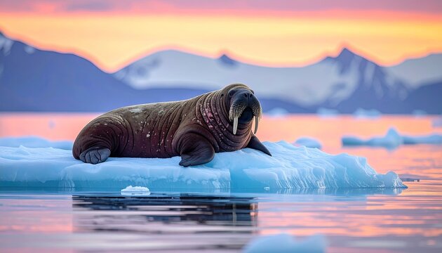 Majestic Walrus Resting on Iceberg at Sunset Arctic Ocean with Snow-Capped Mountains in Background Soft Pastel Sky Colors