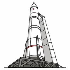 Illustration of a large white rocket with booster rockets standing on a launchpad against a white background