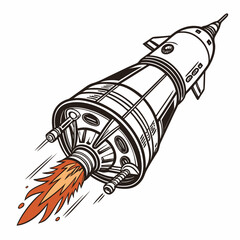 Retro style rocket ship blasting off with fiery exhaust flames against a white background