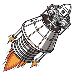 Stylized illustration of a retro inspired rocket ship blasting off with fiery exhaust flames against a white background