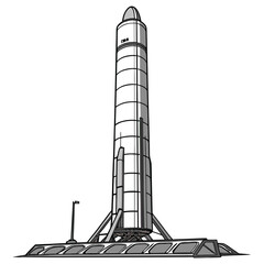 A futuristic rocket stands tall on a launchpad ready for its journey into outer space