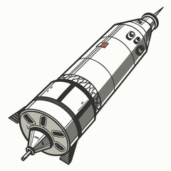 Stylized illustration of a detailed white and gray rocket ship with black accents against a plain background