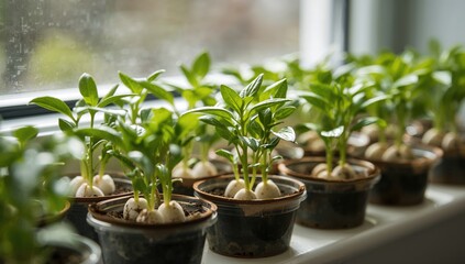 Young pepper seedlings on a windowsill during spring, promoting home gardening practices