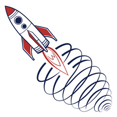 Retro style cartoon rocket ship blasting off with red flames and blue swirling exhaust trails against a white background