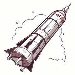 Retro style rocket ship launching into space with stylized clouds and smoke illustration
