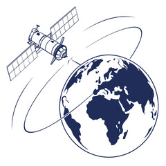 A satellite orbits the earth depicted in a simple blue line art style against a white background