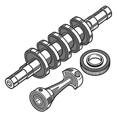 Detailed isometric illustration of engine components including a camshaft piston and bearing on a white background