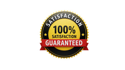Yellow and black circular badge with 100 percent satisfaction guaranteed text isolated on a transparent background