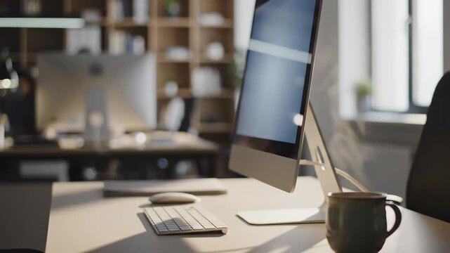 Modern office setup showcasing a computer monitor and keyboard in a bright workspace ready for productive work sessions